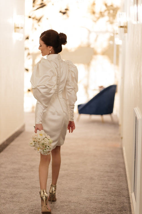 Short wedding dress with puff sleeves and high neck