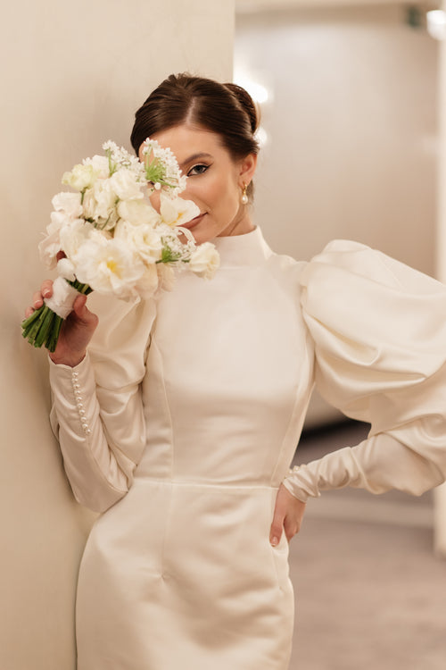 Short wedding dress with puff sleeves and high neck