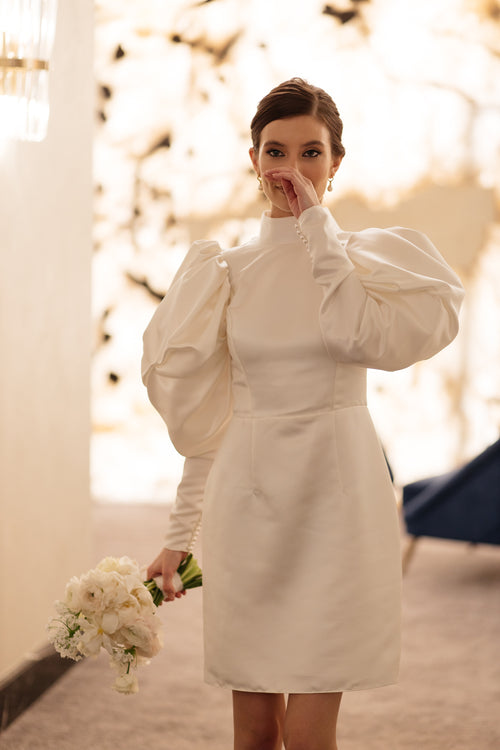Short wedding dress with puff sleeves and high neck