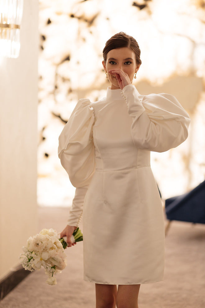 Short wedding dress with puff sleeves and high neck