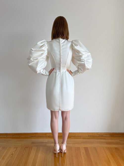Short wedding dress with puff sleeves and high neck