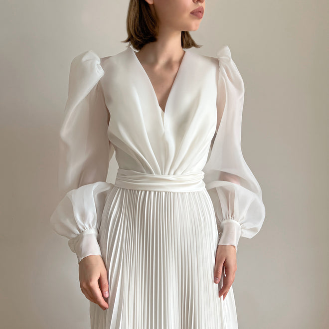 Pleated wedding dress with organza blouse