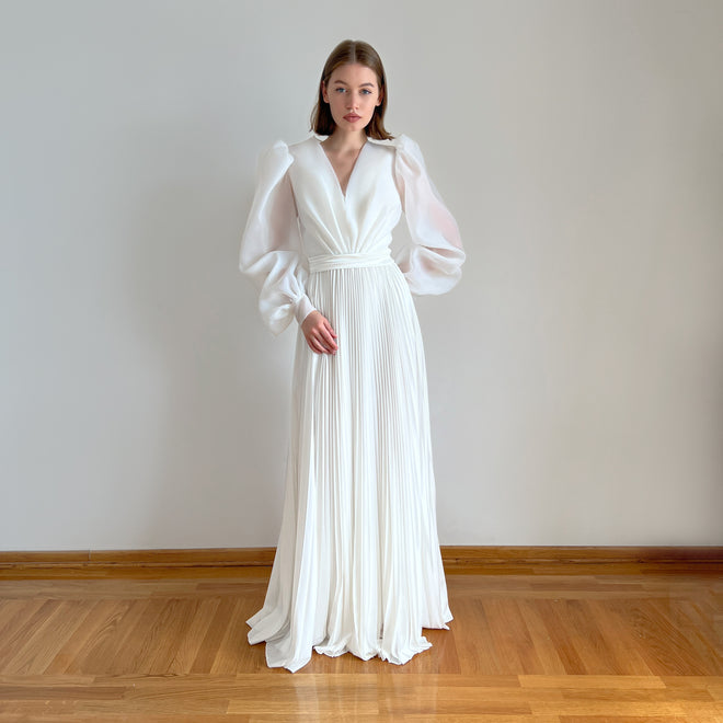 Pleated wedding dress with organza blouse